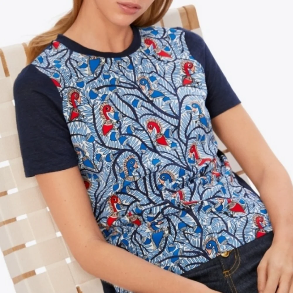 Tory Burch• Wild thing silk/linen red and blue bird print.  Sz XXS